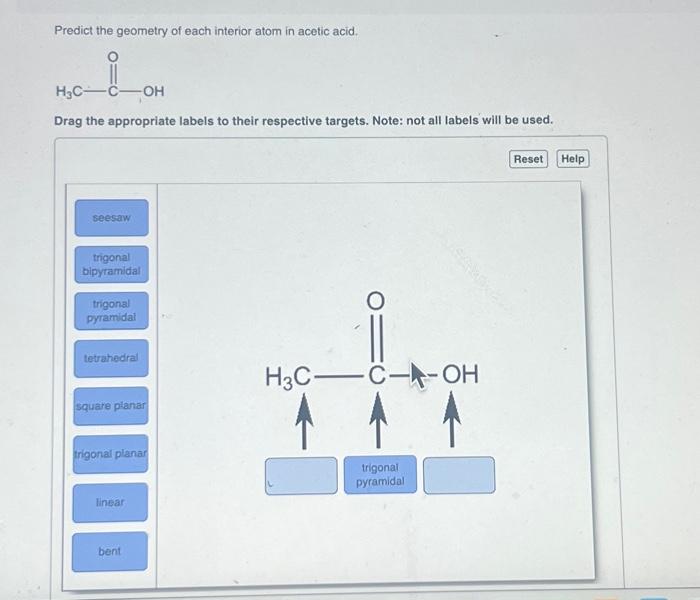 Predict the geometry of each interior atom in acetic acid.